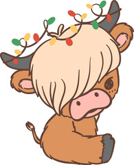 Baby Highland cow Christmas with decoration lights