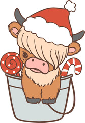 Baby Highland cow with Santa hat Christmas, in bucket