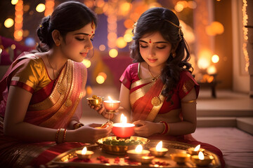 Obraz na płótnie Canvas Scene photo of Indian woman kneeling by candles celebrating generative ai