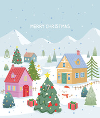 Fototapeta na wymiar Merry Christmas illustration on a snowy winter background with a Christmas tree