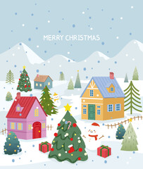 Merry Christmas illustration on a snowy winter background with a Christmas tree