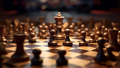 Chess board, king, knight, rook, pawn, battle generated by AI