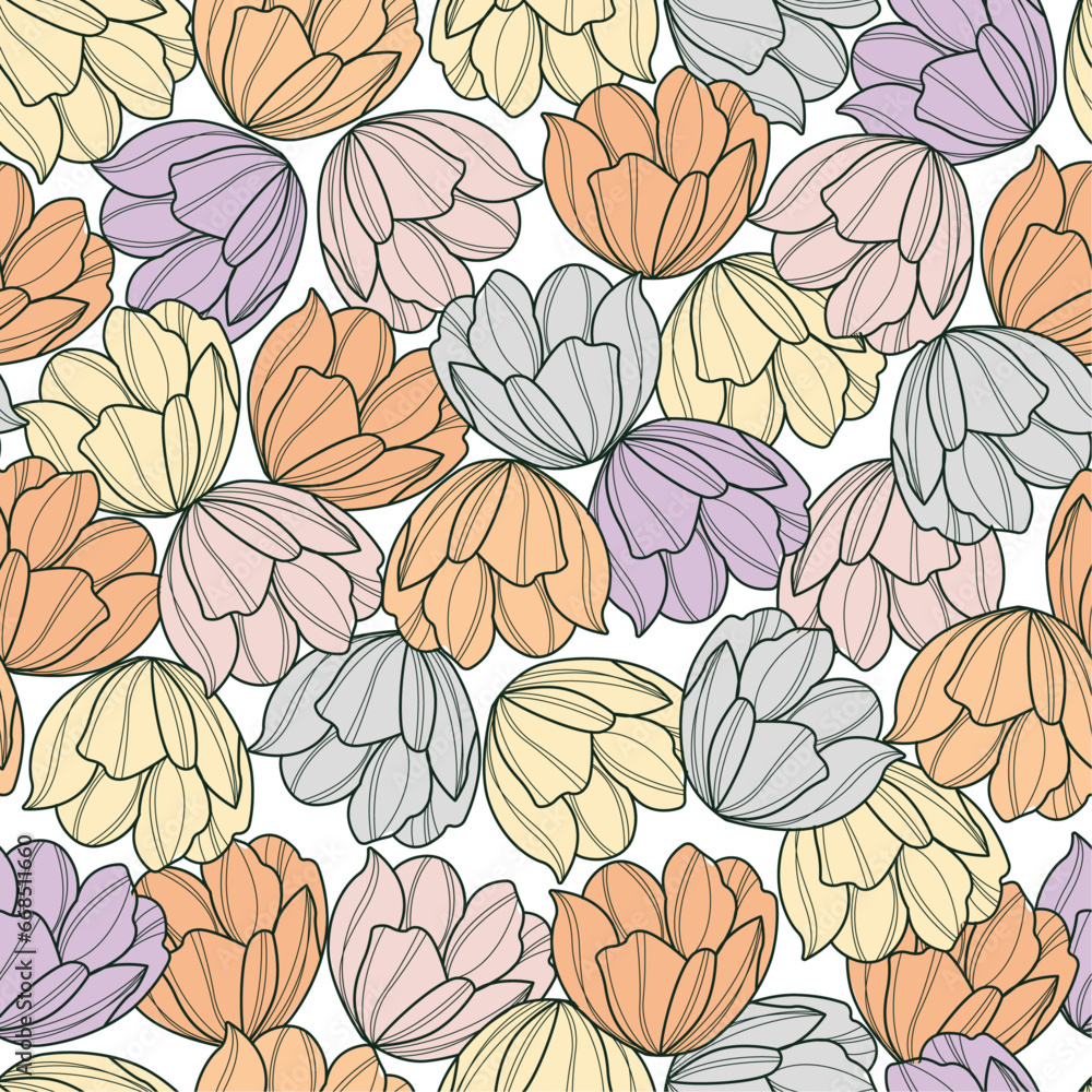 Poster botanical seamless pattern. hand drawn line drawing flowers pattern. abstract linear flower backgrou
