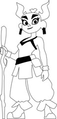 Cartoon funny and fabulous Viking or Chinese warrior girl. Coloring style