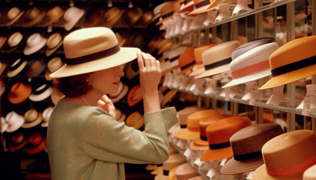 Women shopping for fashion in a retail store, choosing straw hats generated by AI