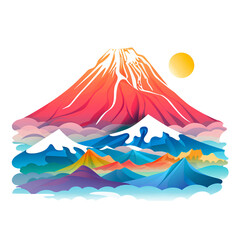 A colorful painting of Mount Fuji, Japan for use in promoting Japan tourism on a transparent background PNG.