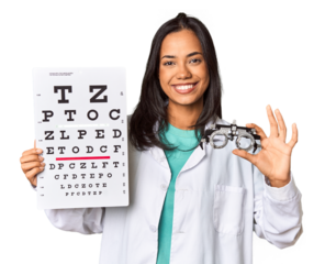 Young Filipina ophthalmologist with optometry glasses and test