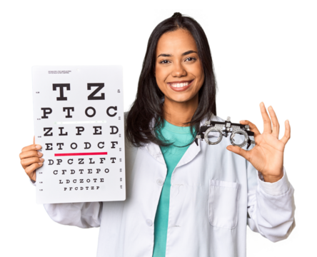 Young Filipina ophthalmologist with optometry glasses and test