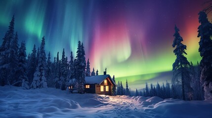 Aurora Borealis Over Snow-Covered Cabin - obrazy, fototapety, plakaty