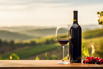 Red wine bottle mock up without label, glass, promotion, advertising, vineyards at sunset - obrazy, fototapety, plakaty