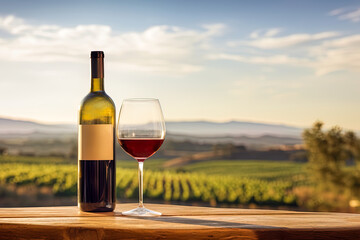 Red wine bottle mock up with empty white label, glass, promotion, advertising, vineyards at sunset
