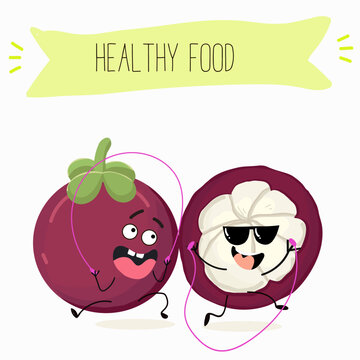 Vector cartoon character mangosteen, funny vegetables, fruits. Fresh harvest, exotic, organic, vegetarian products, children's birthday, price tag, sticker.