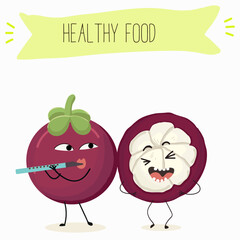 Vector cartoon character mangosteen, funny vegetables, fruits. Fresh harvest, exotic, organic, vegetarian products, children's birthday, price tag, sticker.