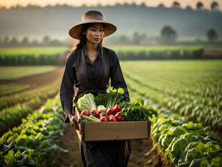 Asia pretty farmer walking through a fresh vegetables farm. A Generative AI Digital Illustration.