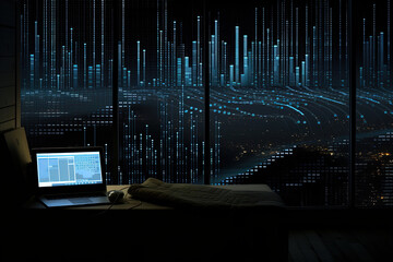 Abstract digital background, interaction between data and patterns, gradient dark background