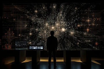 Abstract digital background, interaction between data and patterns, gradient dark background