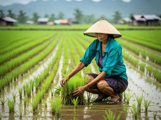 Asia farmer transplant rice seedlings in rice field, Farmer planting rice in the rainy season. A Generative AI Digital Illustration.
