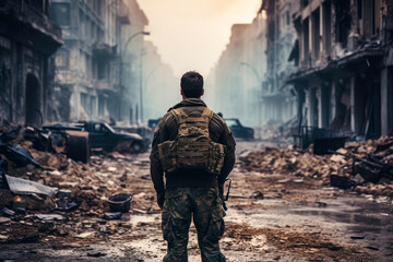 Back view of a fully equipped soldier standing on a street of war destroyed city