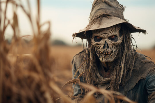 Scary scarecrow in a hat and jacket on a autumn cornfield