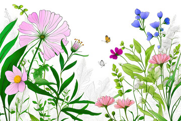 Wildflowers bloom and the wind blows in the clear sky. It's a beautiful scenery. Generative AI.