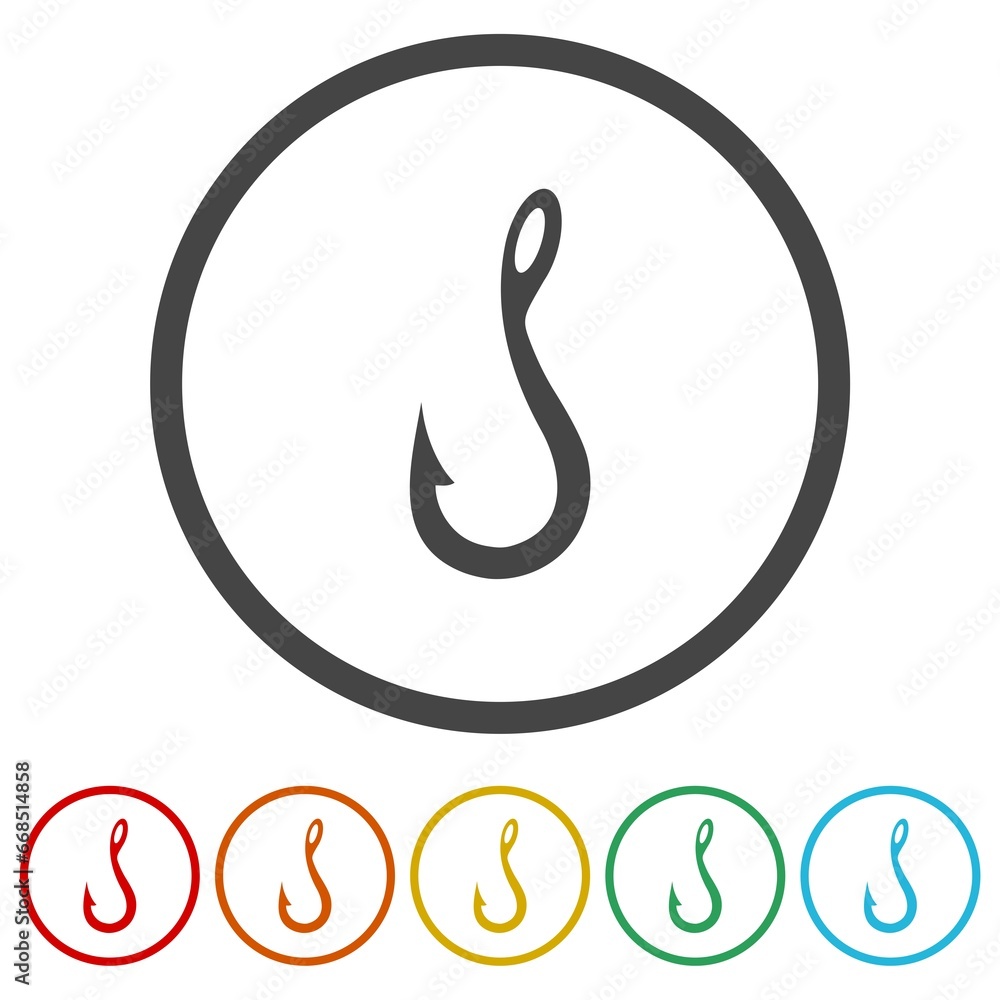 Poster fishing hook sign. set icons in color circle buttons