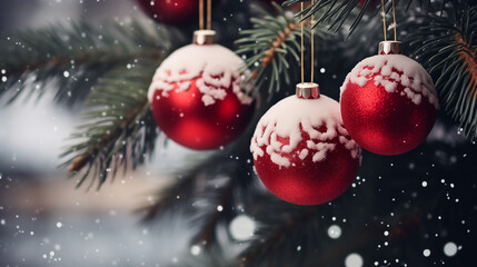 Naklejka premium Christmas Red Balls Decoration hanging from a Christmas Tree with Snow. Ai generative.