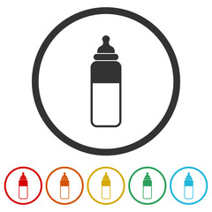 Baby milk bottle icon. Set icons in color circle buttons