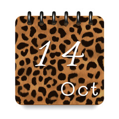 14 day of the month. October. Leopard print calendar daily icon. White letters. Date day week Sunday, Monday, Tuesday, Wednesday, Thursday, Friday, Saturday.  White background. Vector illustration.