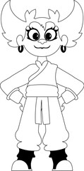 Cartoon funny and fabulous Viking or Chinese warrior girl. Coloring style