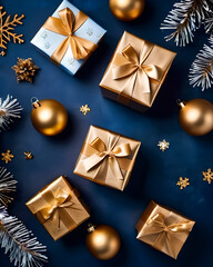 Fondo navideño con bolas de nieve brillantes y paquetes de regalo en colores azul marino y dorado, vista superior