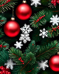 Fondo navideño con bolas de nieve brillantes en colores blancas y rojas y ramas de abeto