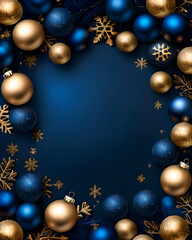 Fondo navideño con bolas de nieve brillantes en colores azul marino y dorado