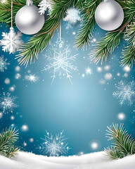 Fondo navideño con bolas de nieve blancas brillantes y ramas de abeto