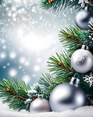 Fototapeta na wymiar Fondo navideño con bolas de nieve blancas brillantes y ramas de abeto