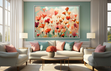 Living room interior with large watercolor painting "Sunny Meadow" in light pistachio and dark cherry, light apricot and teal green tones