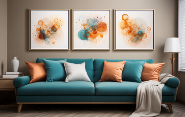 Abstract Elegance: Living room interior with watercolor painting composition in colors light mocha and dark teal, light azure and amber