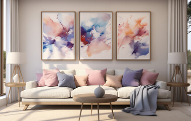 Breeze Composition: Living Room Interior with Large Watercolor Painting in Light Coral and Dark Sapphire, Light Topaz and Lavender Blue