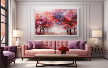 Living Room Interior with Large Watercolor Forest Painting in Light Plum and Dark Amber, Light Fuchsia and Mint Green, Beautiful and Colorful