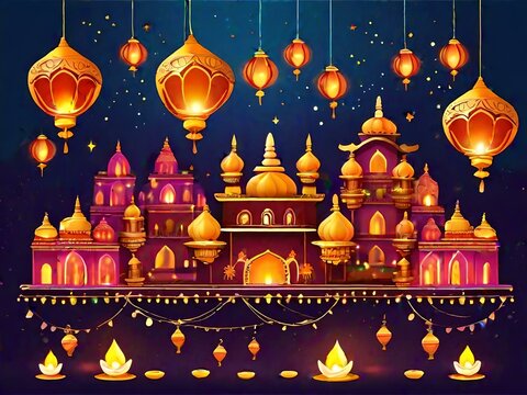 Diwali Celebration Background Decorated With Lit Oil Lamps (Diya).