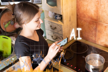 young woman standing at kitchen table, watching culinary TV show online on the recipe. Future Artificial Intelligence concept