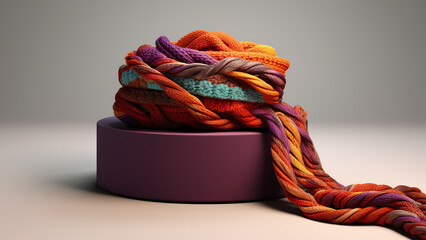 Rope with a knot in orange-purple tones and colors. 