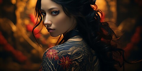 Tattooed back, thighs, arms - a look over the shoulder,,  the art of tattooing generated with AI technology - obrazy, fototapety, plakaty