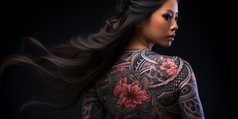 Tattooed back, thighs, arms - a look over the shoulder,,  the art of tattooing generated with AI technology - obrazy, fototapety, plakaty
