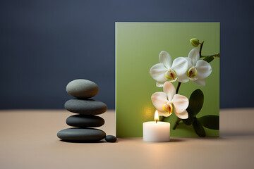 Fototapeta na wymiar Zen or spa greeting or invitation card with captivating composition, tranquility and peaceful