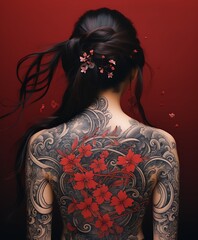 Tattooed back, thighs, arms - a look over the shoulder,,  the art of tattooing generated with AI technology