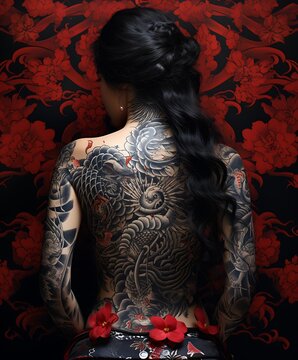 Tattooed back, thighs, arms - a look over the shoulder,,  the art of tattooing generated with AI technology