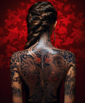 Tattooed back, thighs, arms - a look over the shoulder,,  the art of tattooing generated with AI technology