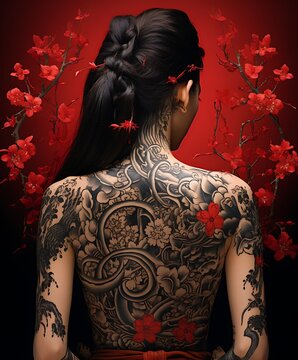Tattooed back, thighs, arms - a look over the shoulder,,  the art of tattooing generated with AI technology