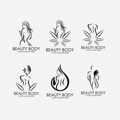 Woman body outline icons set. Various female line silhouettes, model, figure. Abstract image of girl sign for wellness center, sport, dance, beauty salon and spa. Vector isolated illustration