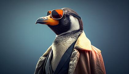 Lustiger Pinguin mit Sonnenbrille als Chef, Kartenmotiv Grußkarte Vorlage Werbung für Brillenmode Comic 3d Generative AI  - obrazy, fototapety, plakaty